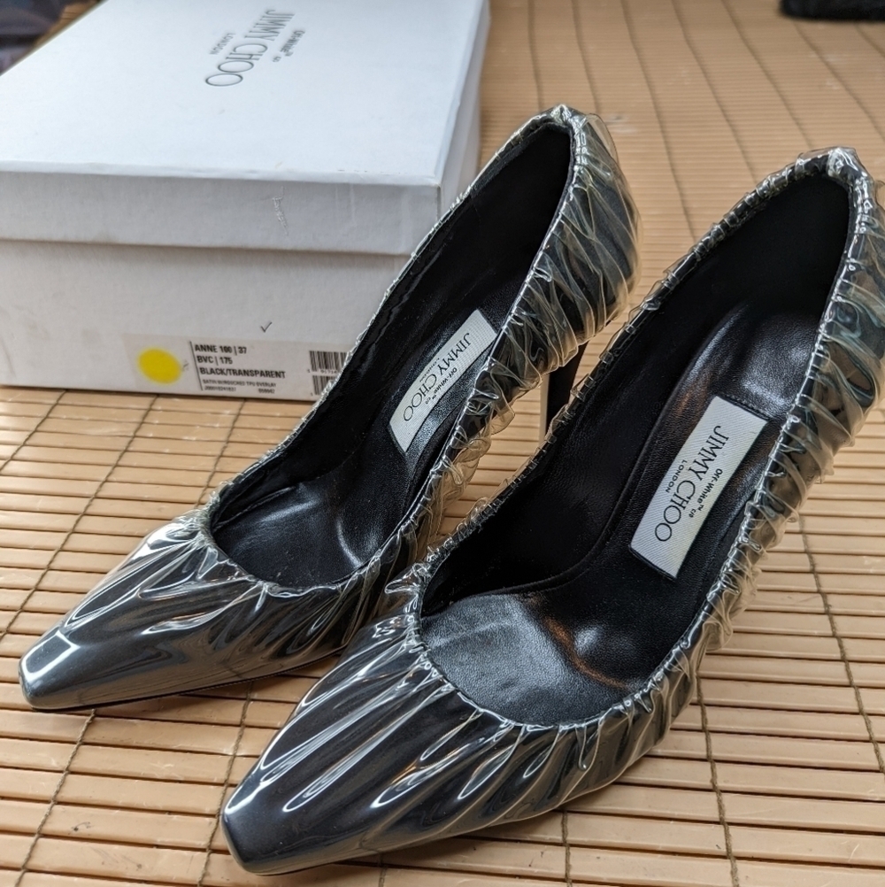 Jimmy Choo Off White C/o Women's Anne 100 PVC Wrapped Satin Pump KB8 Black US 6